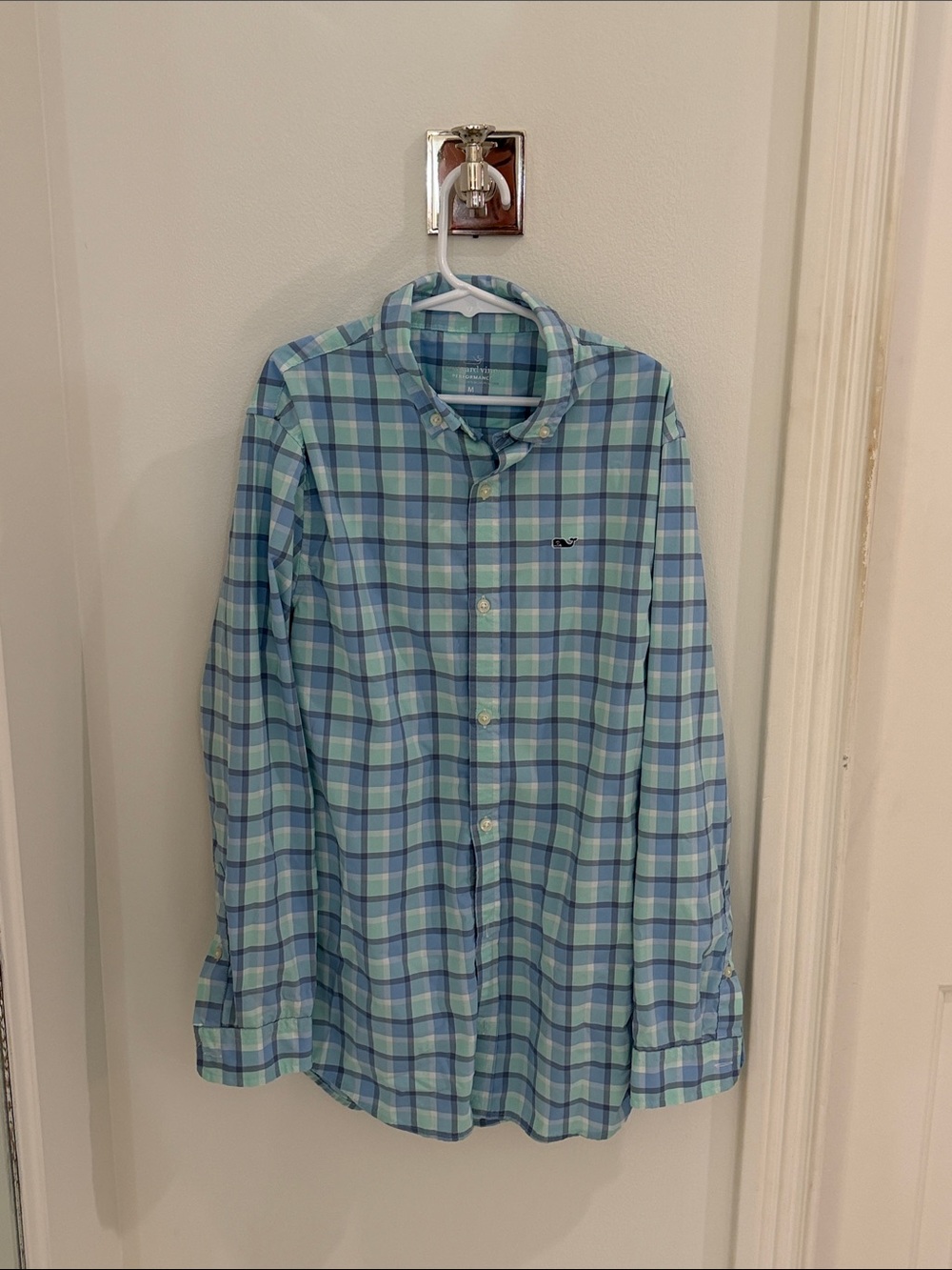 Boy’s Vineyard Vines Plaid Button-Down Shirt - Light Blue & Mint, Size Medium